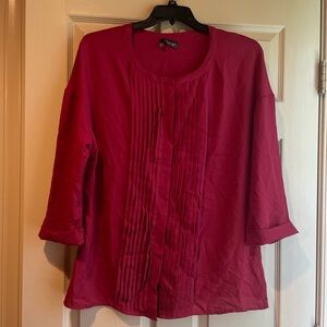 Norah Deep Red Pleated Blouse with Roll Cuff Sleeve and Snap Closure, Size 10